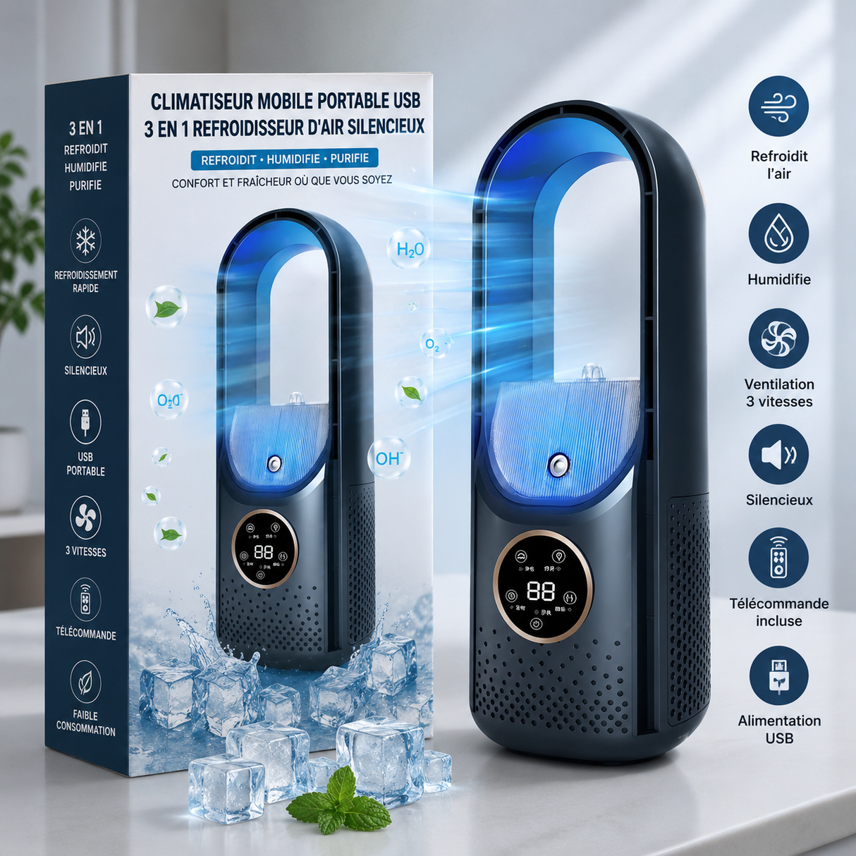 Mini Rafraîchisseur d'Air 3 en 1 – Ventilateur Brumisateur Portable USB