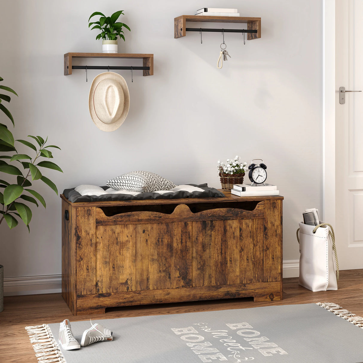 Banc de rangement en bois avec coffre