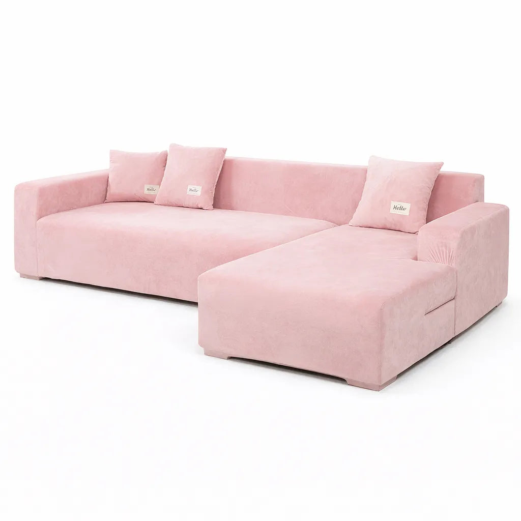 Velours Rose - Housse de Canapé d’Angle Extensible