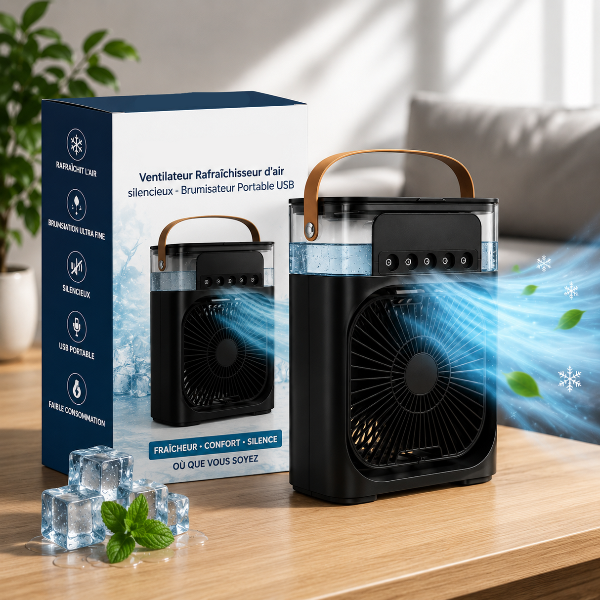 Ventilateur Rafraîchisseur d'air silencieux - FreezeX Air Brumisateur Portable USB