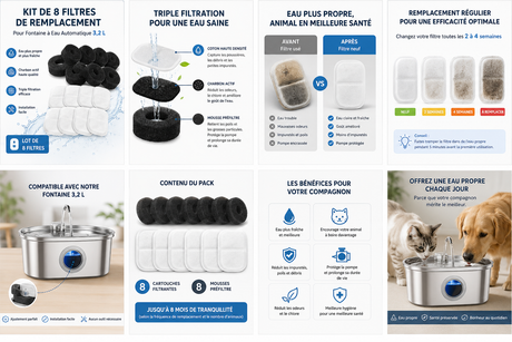 Lot de 8 Filtres de Remplacement pour Fontaine à Eau Automatique 3,2 L | Charbon Actif & Mousse Préfiltre