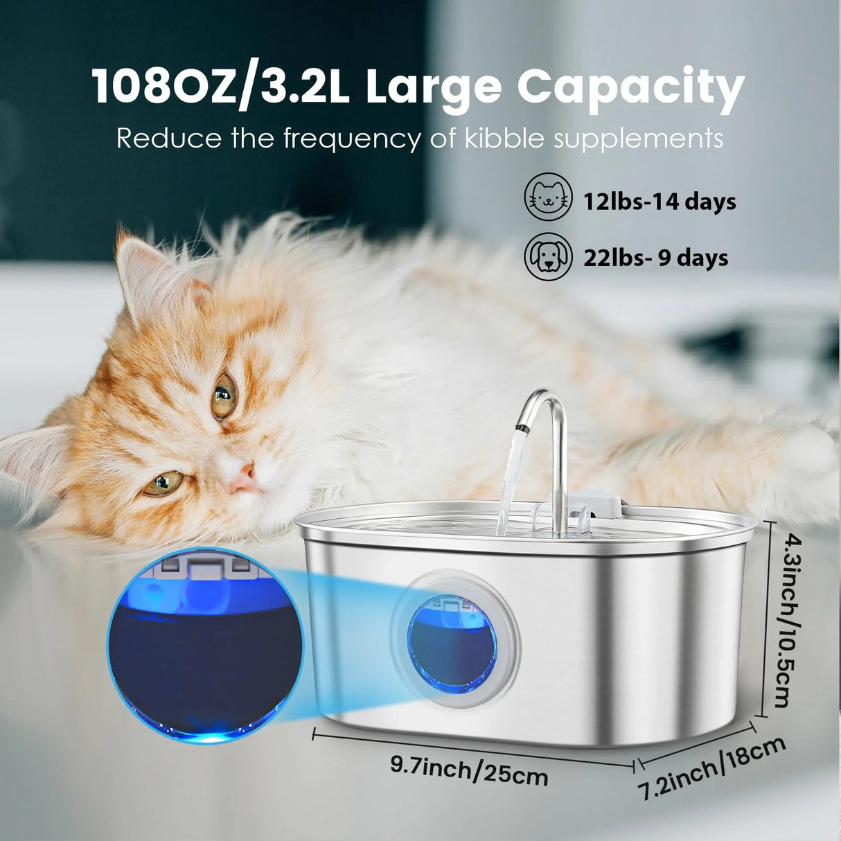 Fontaine à Eau Automatique pour Chat & Chien 3,2 L en Acier Inoxydable | Ultra Silencieuse avec Filtration