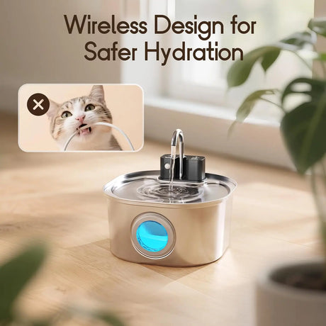 Fontaine à Eau pour Chat Sans Fil 3,2L en Inox – Rechargeable & Ultra Silencieuse