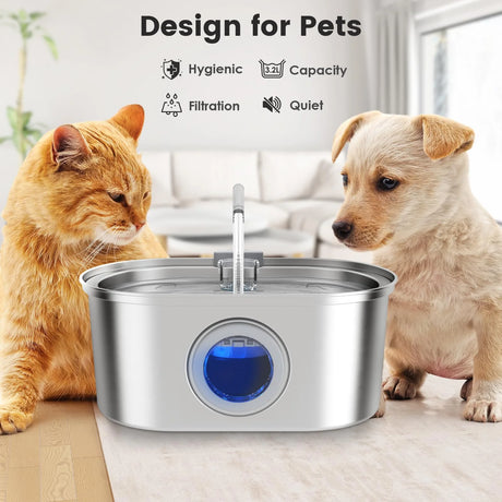 Fontaine à Eau Automatique pour Chat & Chien 3,2 L en Acier Inoxydable | Ultra Silencieuse avec Filtration