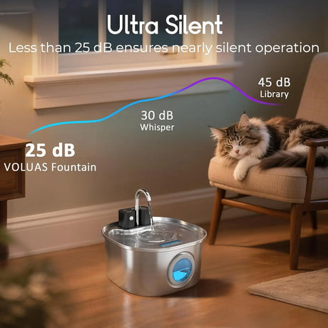 Fontaine à Eau pour Chat Sans Fil 3,2L en Inox – Rechargeable & Ultra Silencieuse