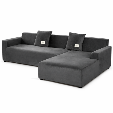 Velours Gris - Housse de canapé d’angle  Extensible