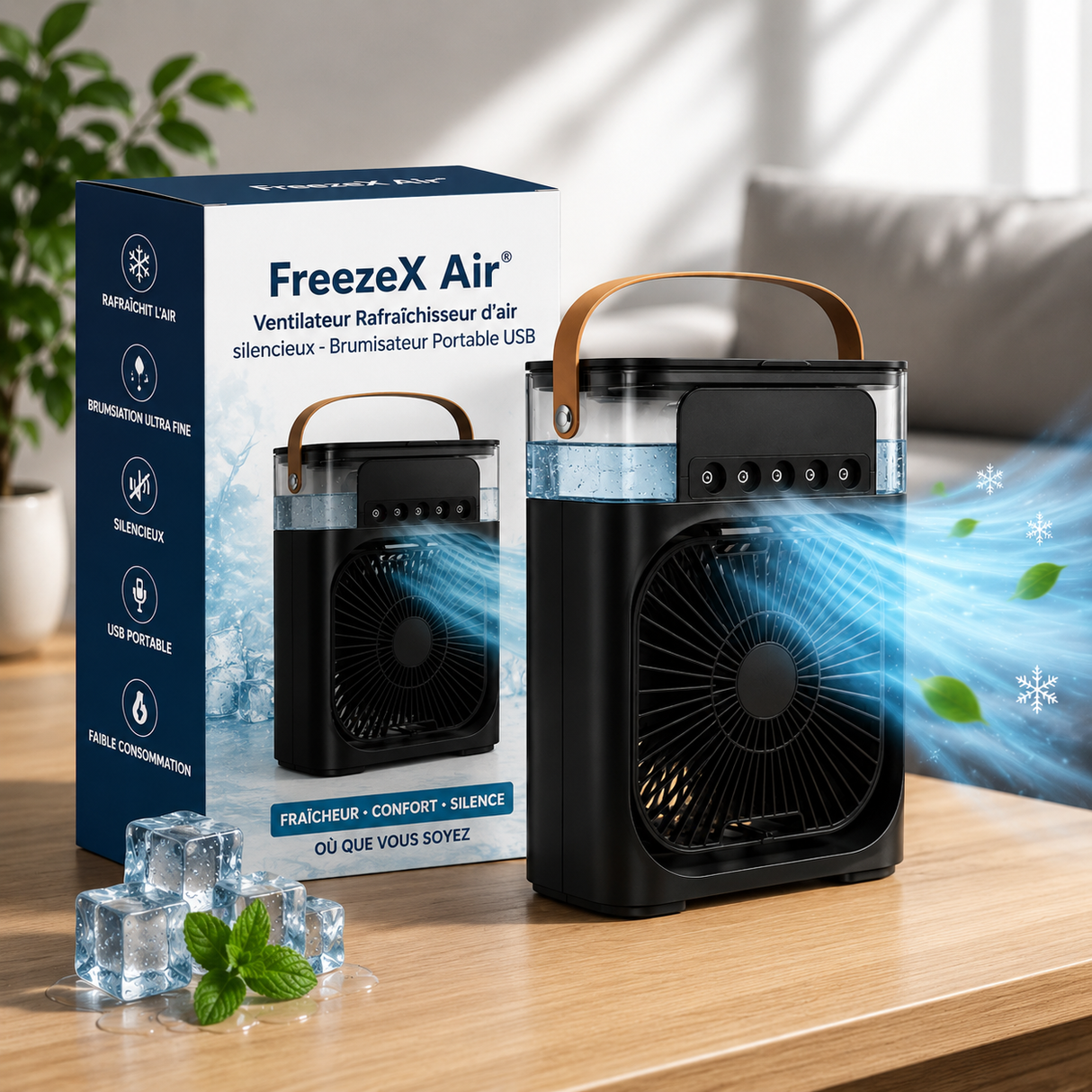 Ventilateur Rafraîchisseur d'air silencieux - FreezeX Air® Brumisateur Portable USB