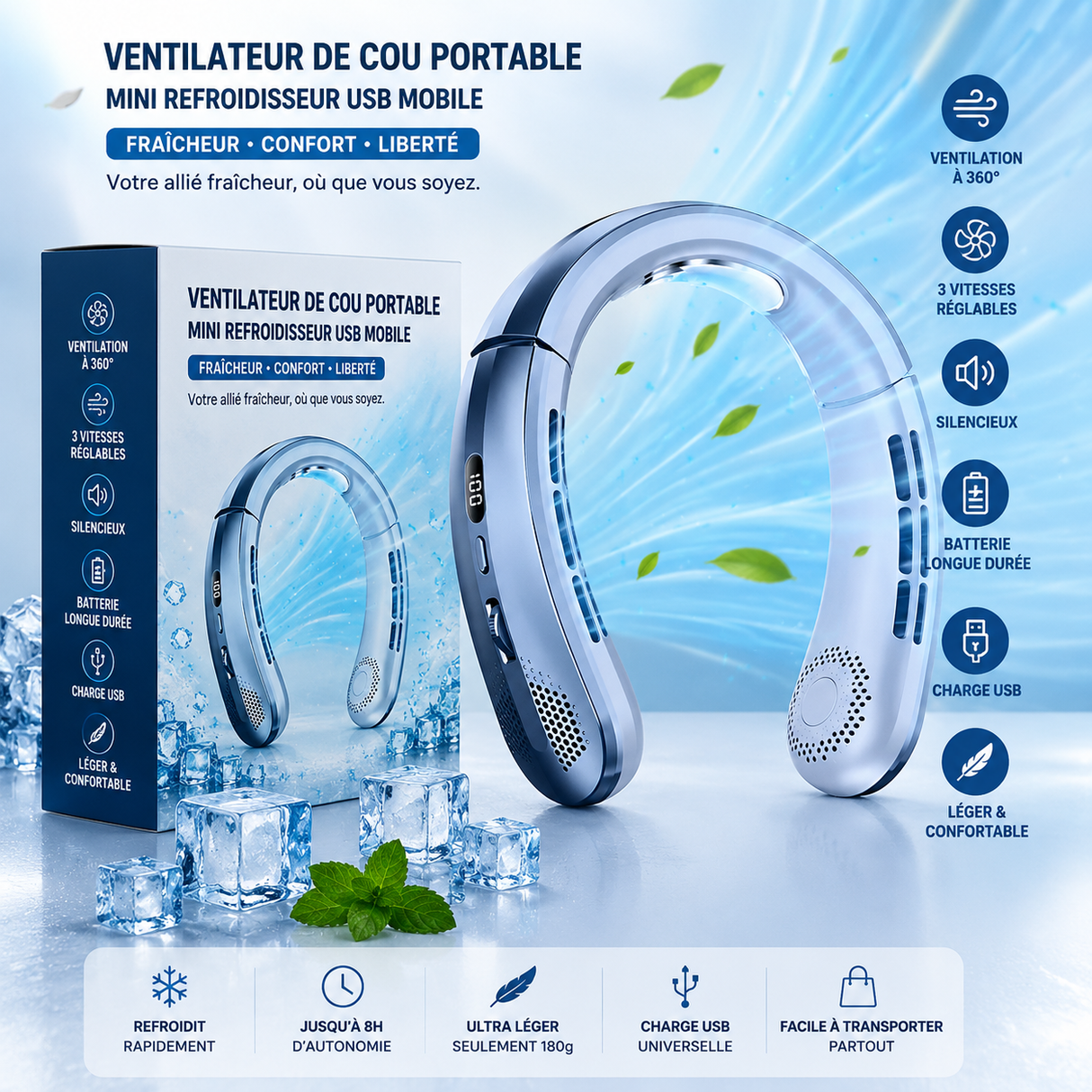 Ventilateur de Cou Portable – Mini Refroidisseur USB Mobile